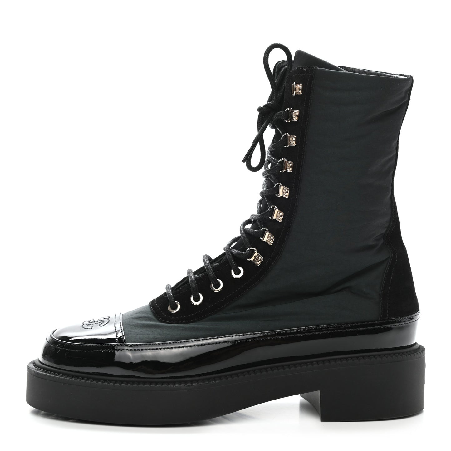Nylon Suede Patent Calfskin Womens CC Lace Up Boots 40 Dark Green Black