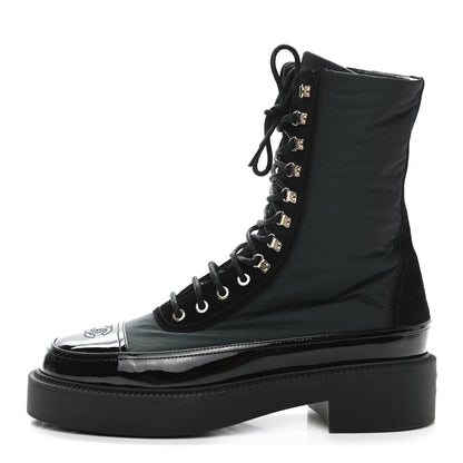 Chanel Nylon Suede Patent Calfskin Womens CC Lace Up Boots 40 Dark Green Black 1 of 9