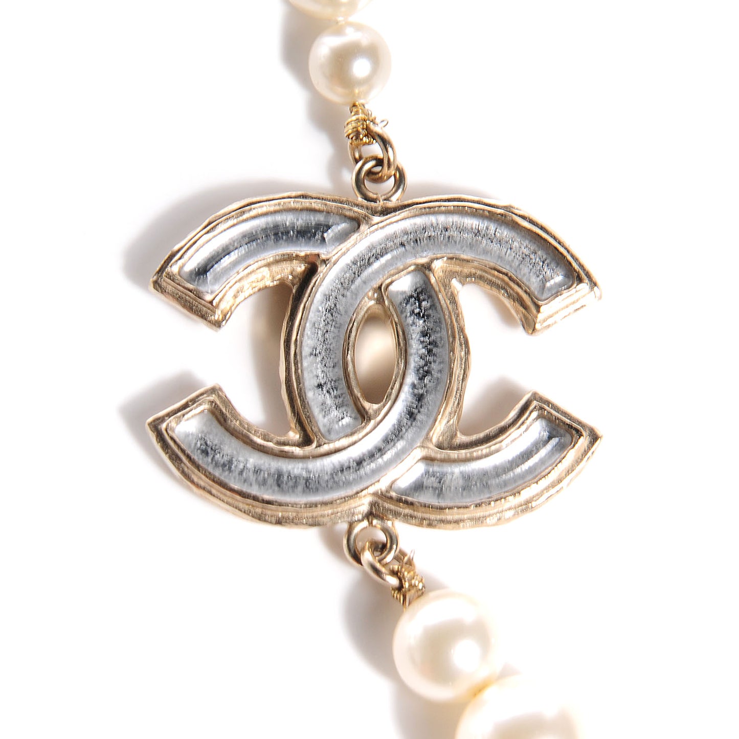 Resin Graduated Pearl CC Long Necklace Light Gold