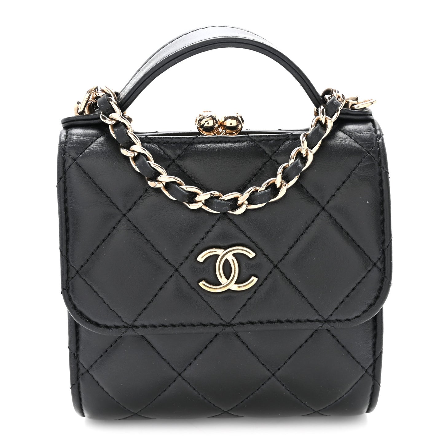 Lambskin Quilted Kiss Lock Top Handle Flap Clutch With Chain Black