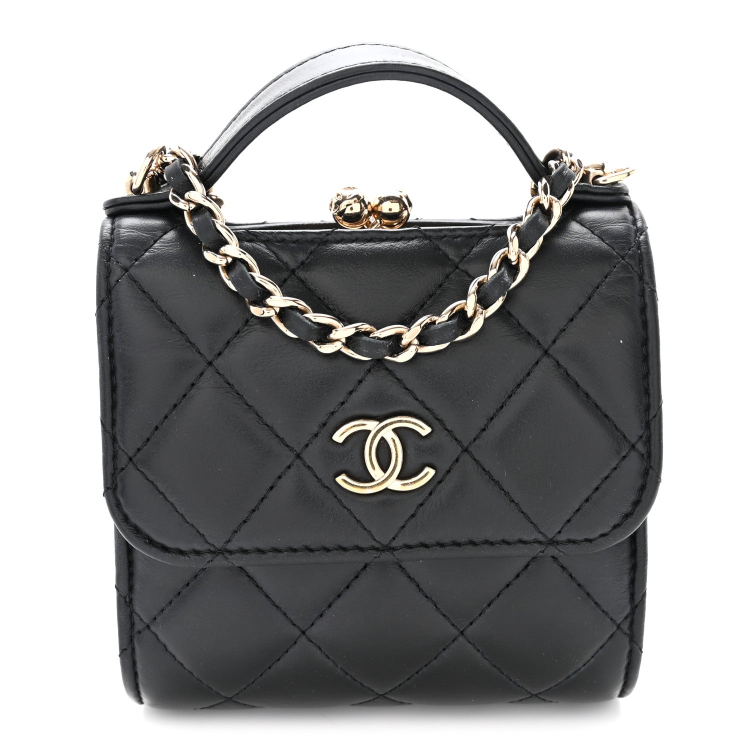 Chanel Lambskin Quilted Kiss Lock Top Handle Flap Clutch With Chain Black 1 of 10