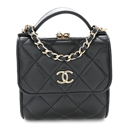 Chanel Lambskin Quilted Kiss Lock Top Handle Flap Clutch With Chain Black 1 of 10