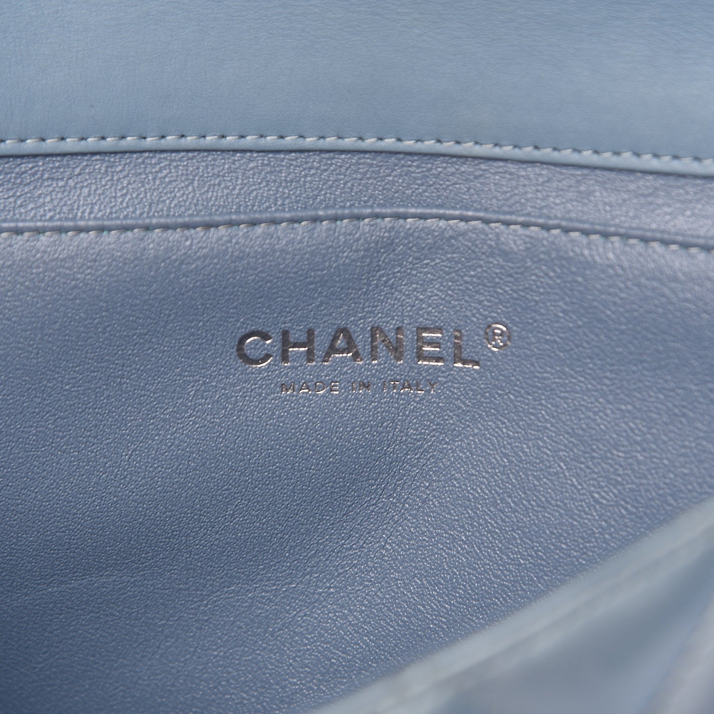 Patent Quilted Clutch with Chain Flap Light Blue