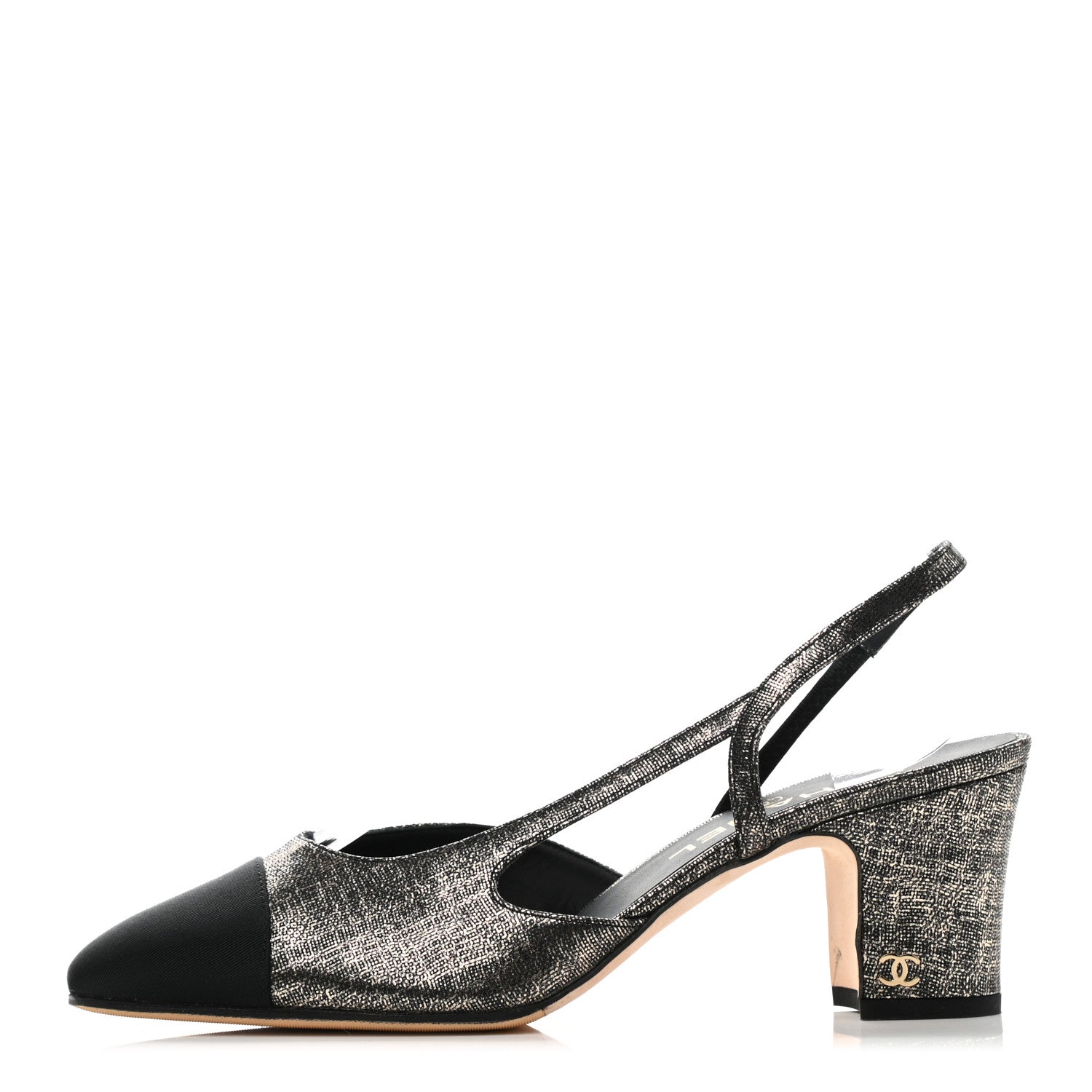 Chanel Metallic Lambskin Grosgrain Cap Toe CC Slingback Sandals 38.5 Black Gold 1 of 9