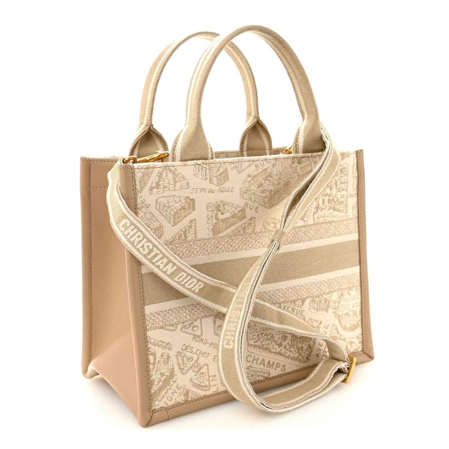 Canvas Calfskin Embroidered Small Plan De Paris Book Tote With Strap Beige