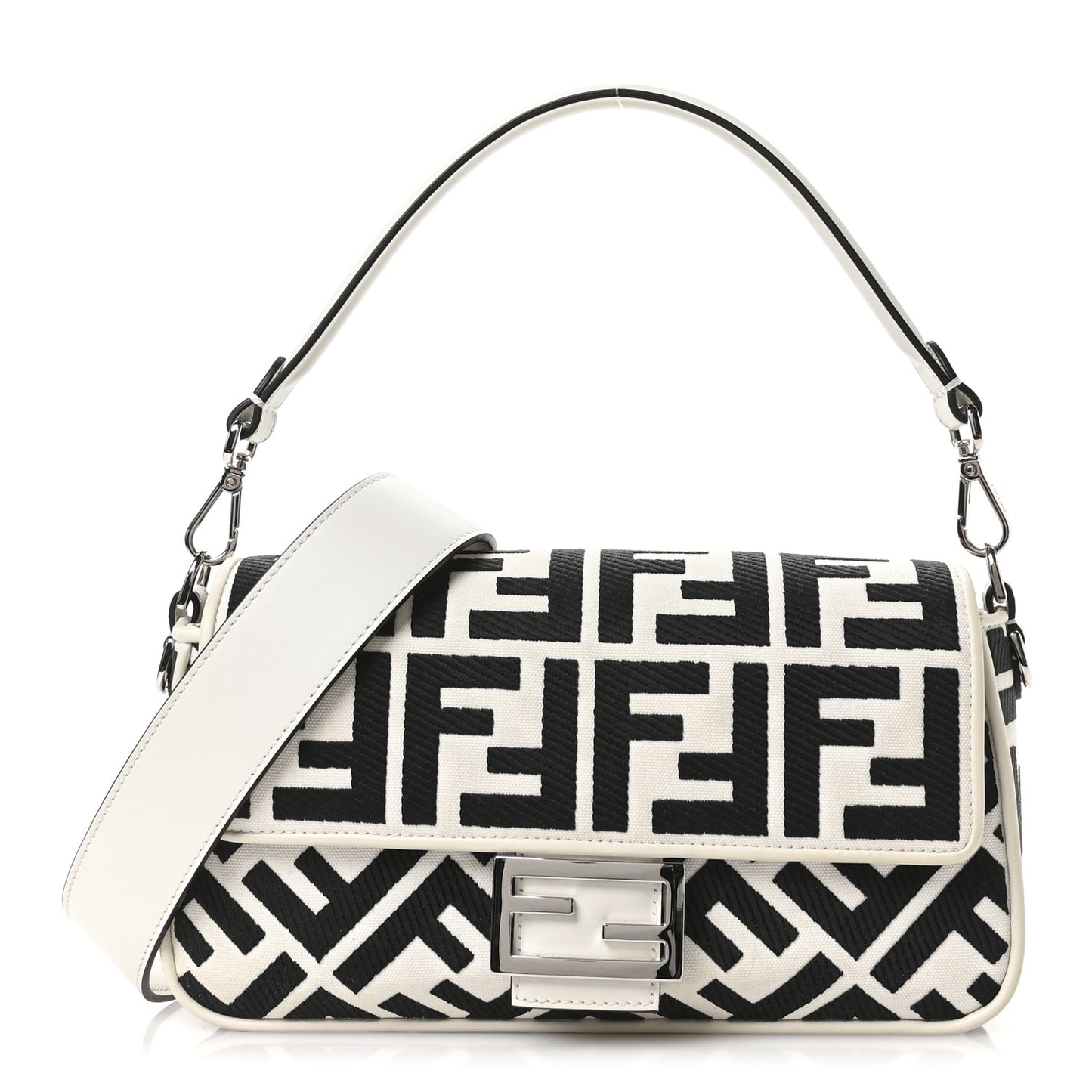 Canvas Vitello King FF Embroidered Baguette White Black