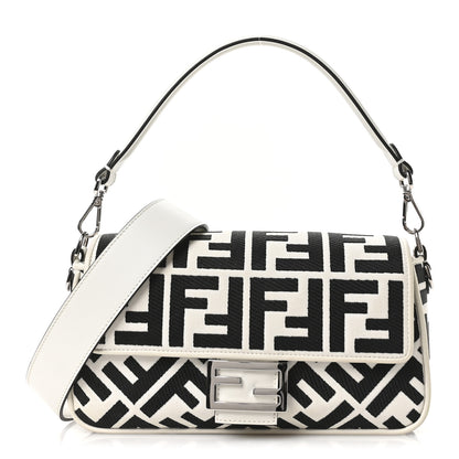 Fendi Canvas Vitello King FF Embroidered Baguette White Black 1 of 11