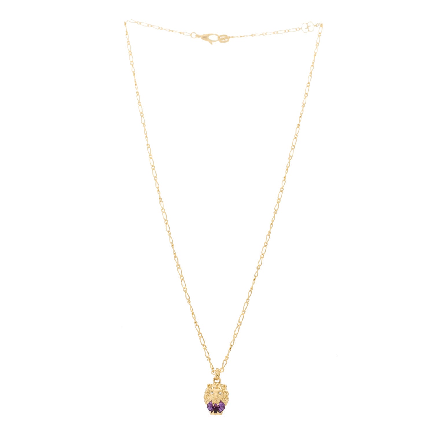 Gucci 18K Yellow Gold Diamond Amethyst Lion Head Necklace 3 of 5