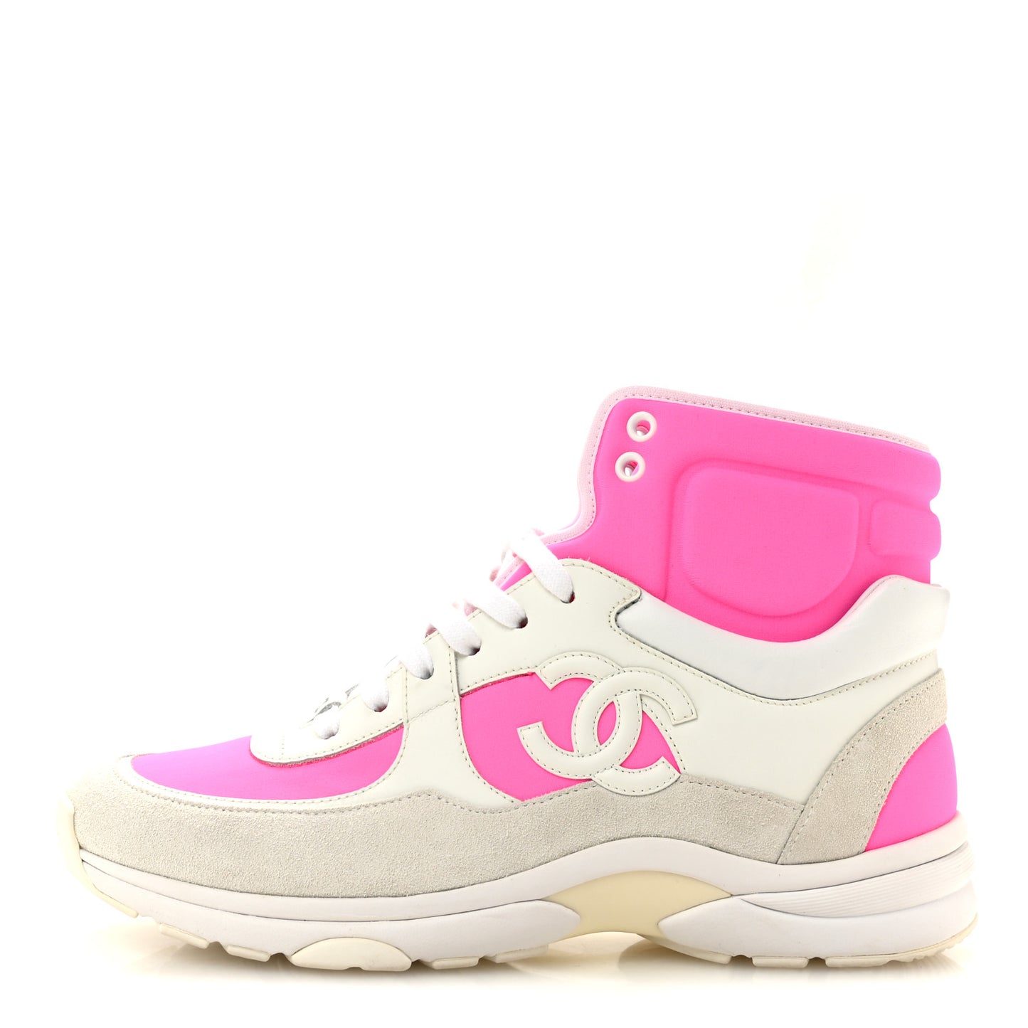 Suede Calfskin Lambskin Neoprene High Top CC Sneakers 40 White Fluo Pink