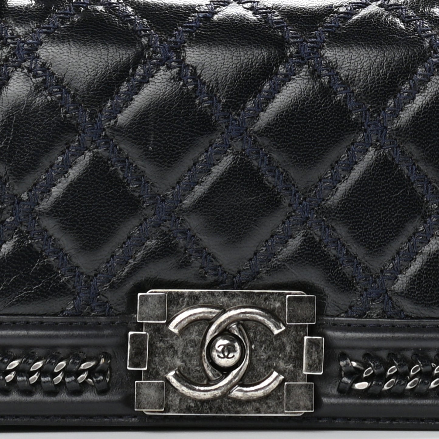 Shiny Goatskin Quilted Small Boy Top Handle Flap Navy Blue