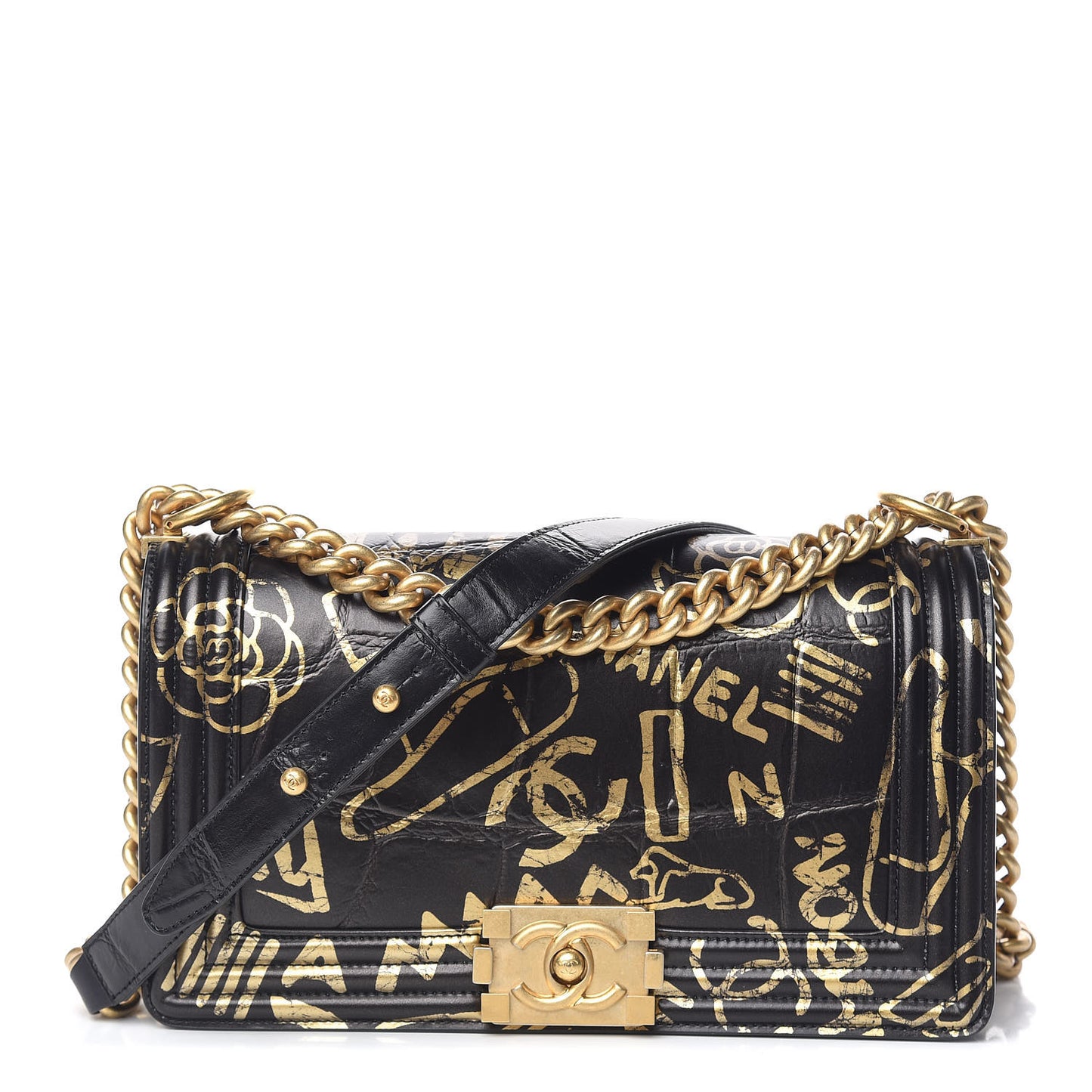 Calfskin Crocodile Embossed Graffiti Cocodile Medium Boy Flap Black