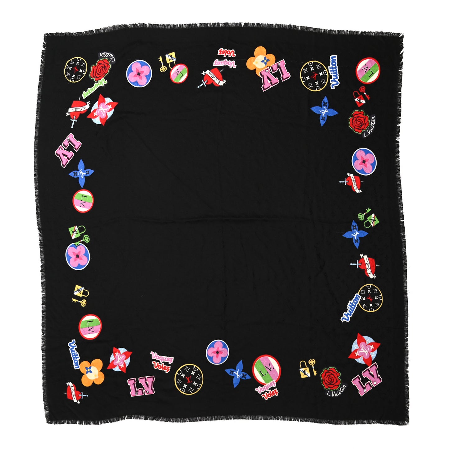 Silk Wool Monogram LV Stories Shawl Black