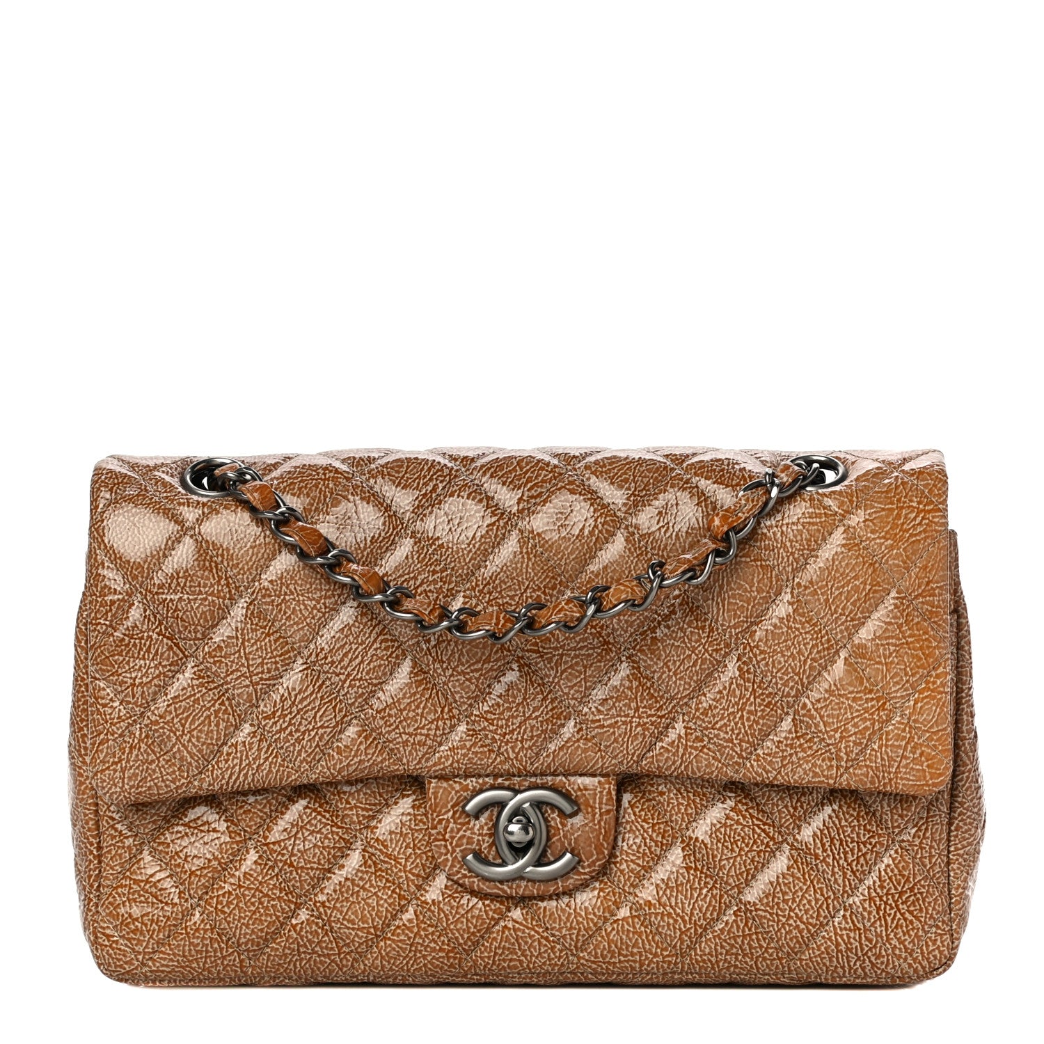 Chanel Crinkled Patent Quilted Medium Double Flap Brown 1 of 19