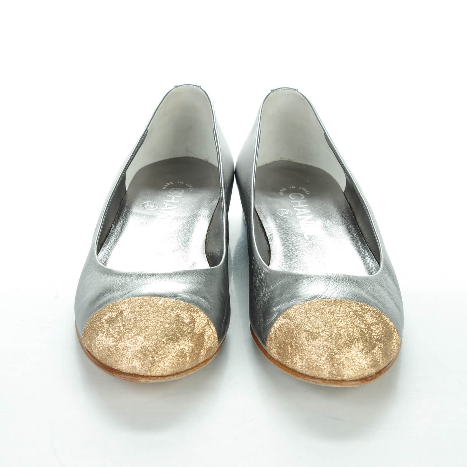 Chanel Metallic Lambskin Crystal Cap Toe CC Ballerina Flats 39 Silver Gold 2 of 8