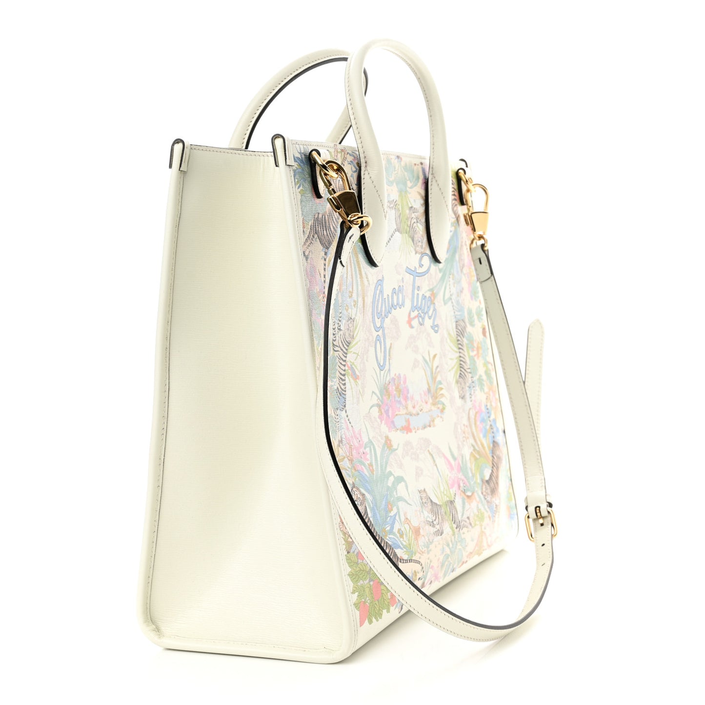 New Shangai Calfskin Tiger Savanah Textured Calfskin Medium Tote Chalky White Multicolor