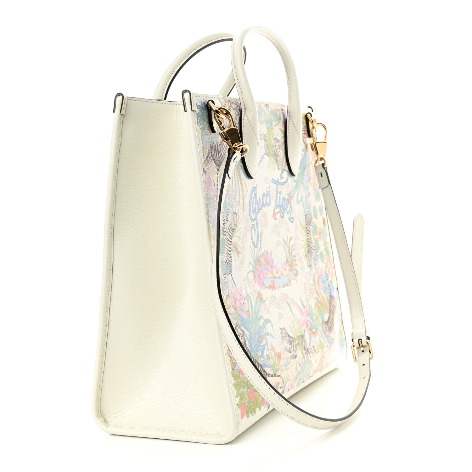 Gucci New Shangai Calfskin Tiger Savanah Textured Calfskin Medium Tote Chalky White Multicolor 3 of 15