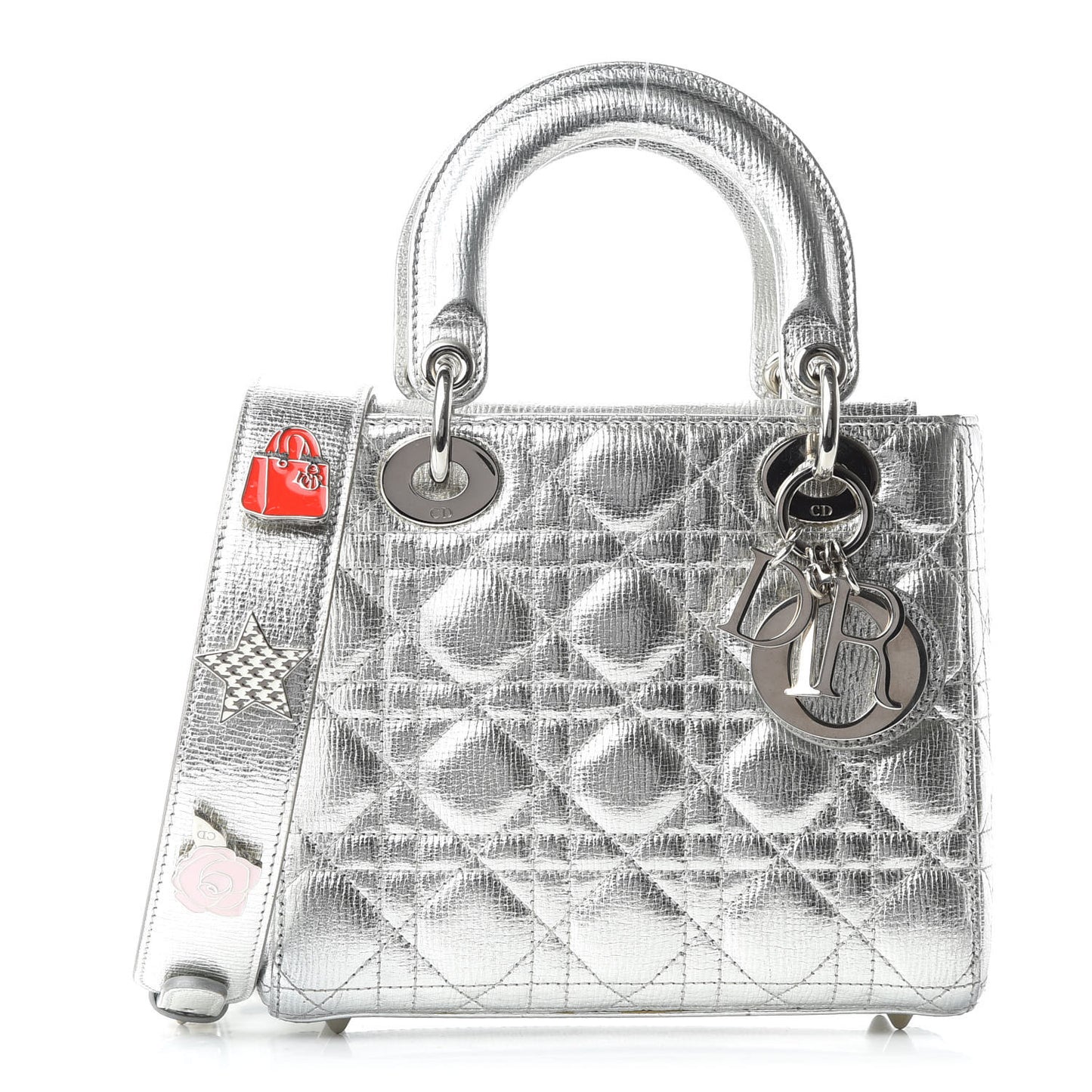 Metallic Grained Calfskin Cannage Small Lucky Badges My Lady Dior Silver