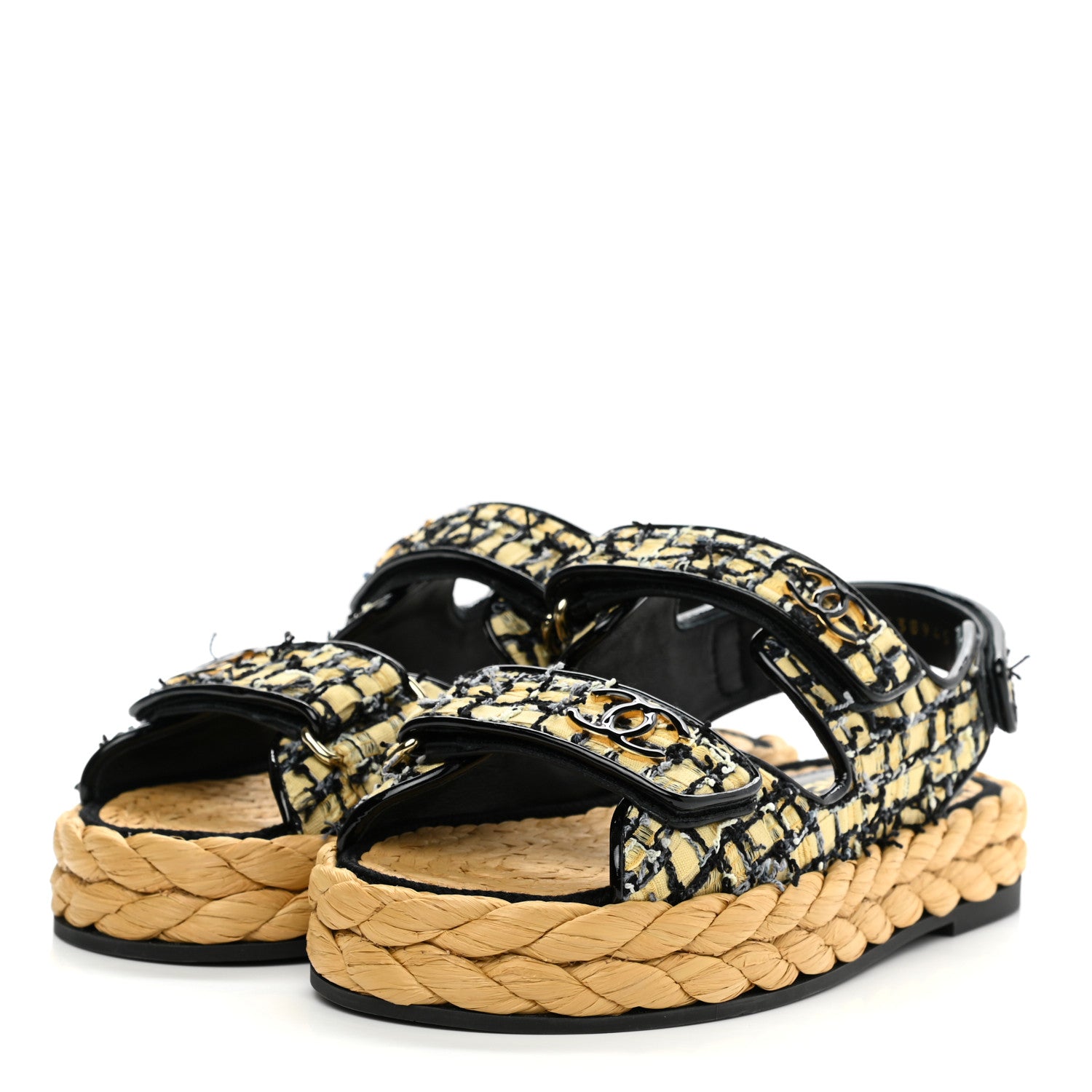 Chanel Tweed Patent Calfskin Velcro Dad Sandals 35 Yellow Black Gray 3 of 9