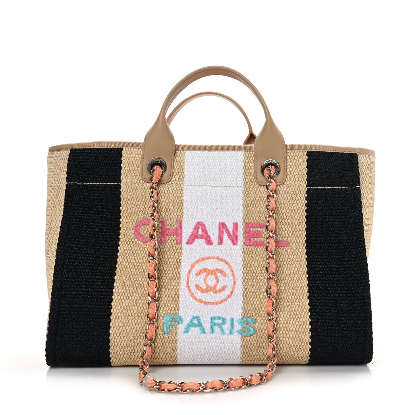 Straw Raffia Calfskin Striped Medium Deauville Tote Black Beige Ivory
