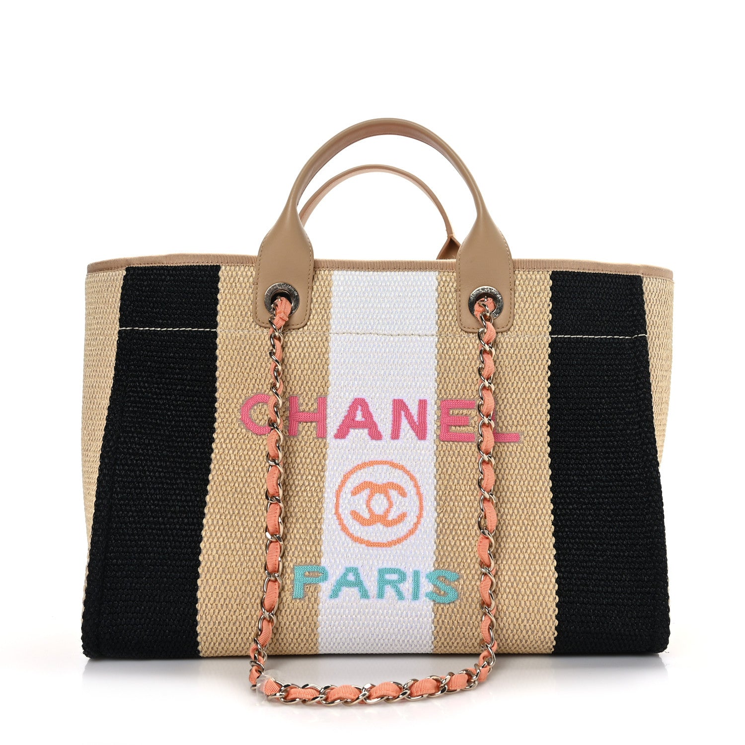 Chanel Straw Raffia Calfskin Striped Medium Deauville Tote Black Beige Ivory 1 of 11