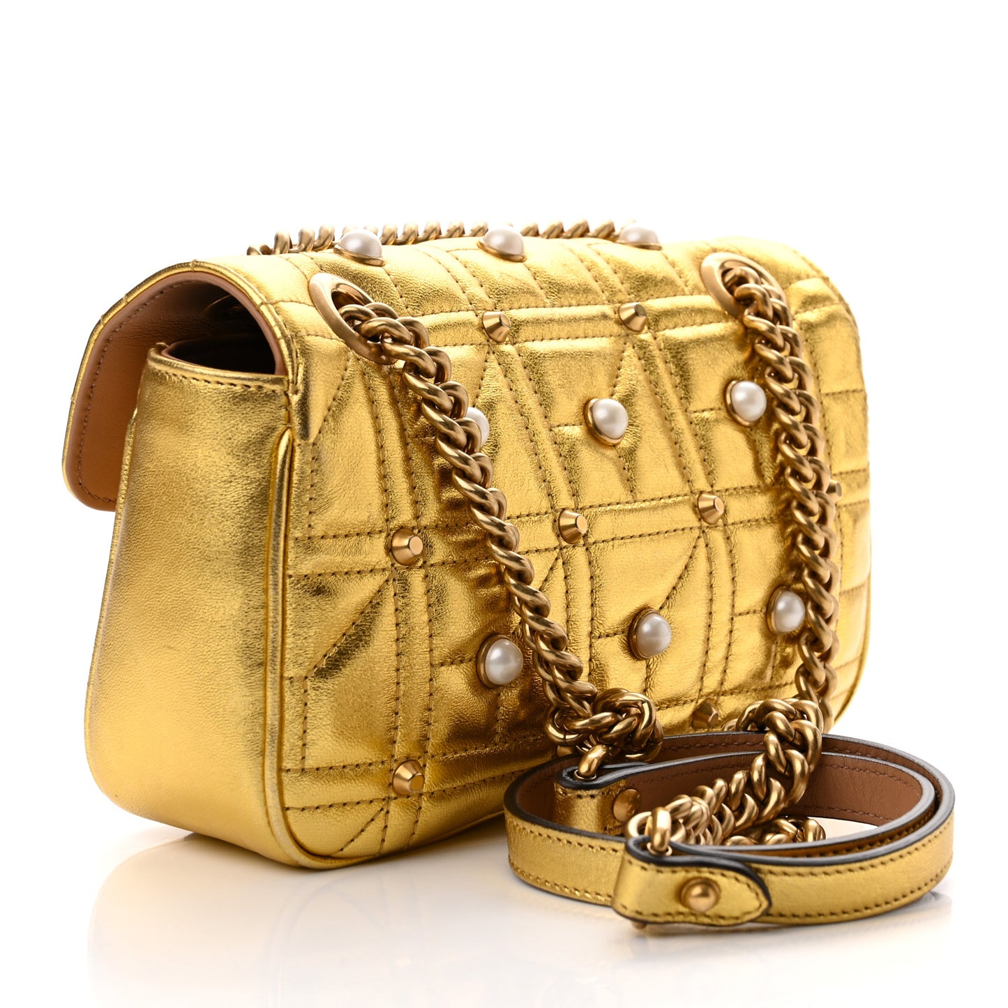 Metallic Calfskin Matelasse Studded Mini Pearly GG Marmont Shoulder Bag Gold