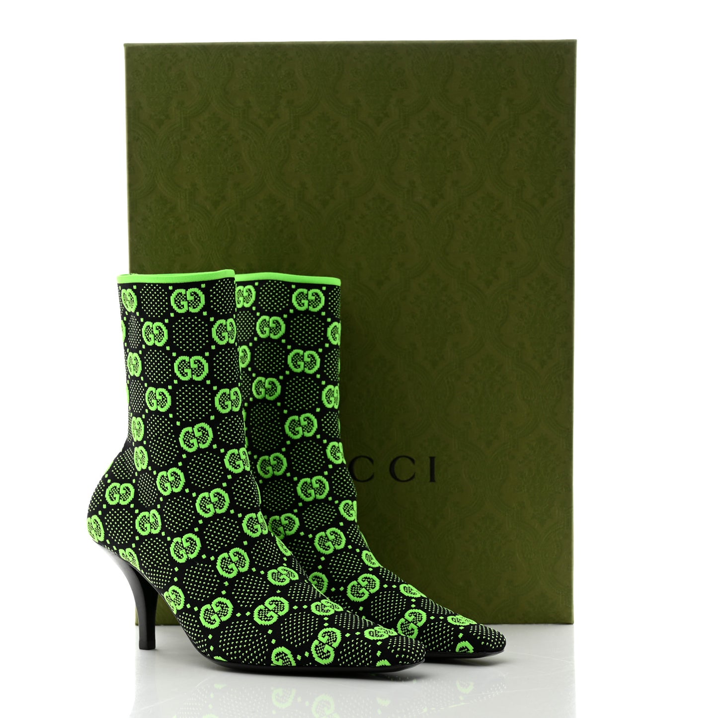 Technical Jersey Knit GG Monogram Square G 75mm Ankle Boots 37.5 Black Neon Green