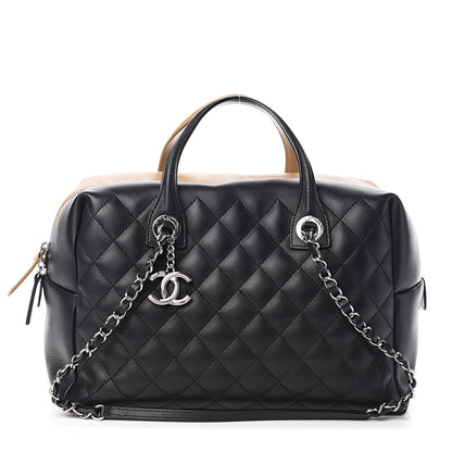 Chanel Calfskin Quilted Bi-Color Feather Weight Bowling Bag Black Beige 1 of 10