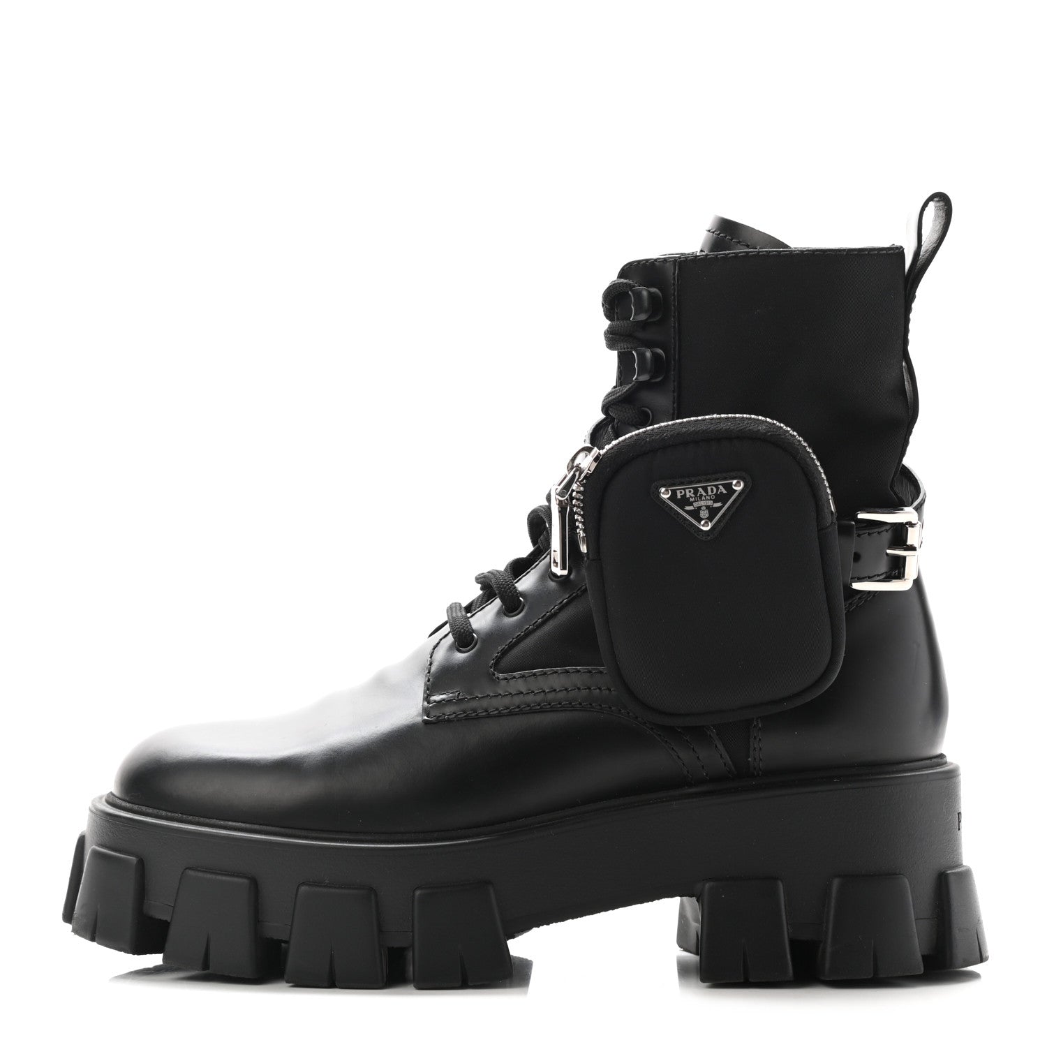 Prada Spazzolato Rois Nylon Metal Triangle Logo Monolith Pouch Pocket 55mm Boots 39 Black 1 of 12