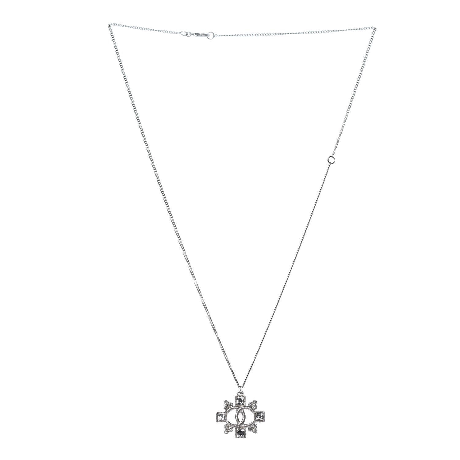 Chanel Baguette Crystal CC Pendant Necklace Silver 3 of 6