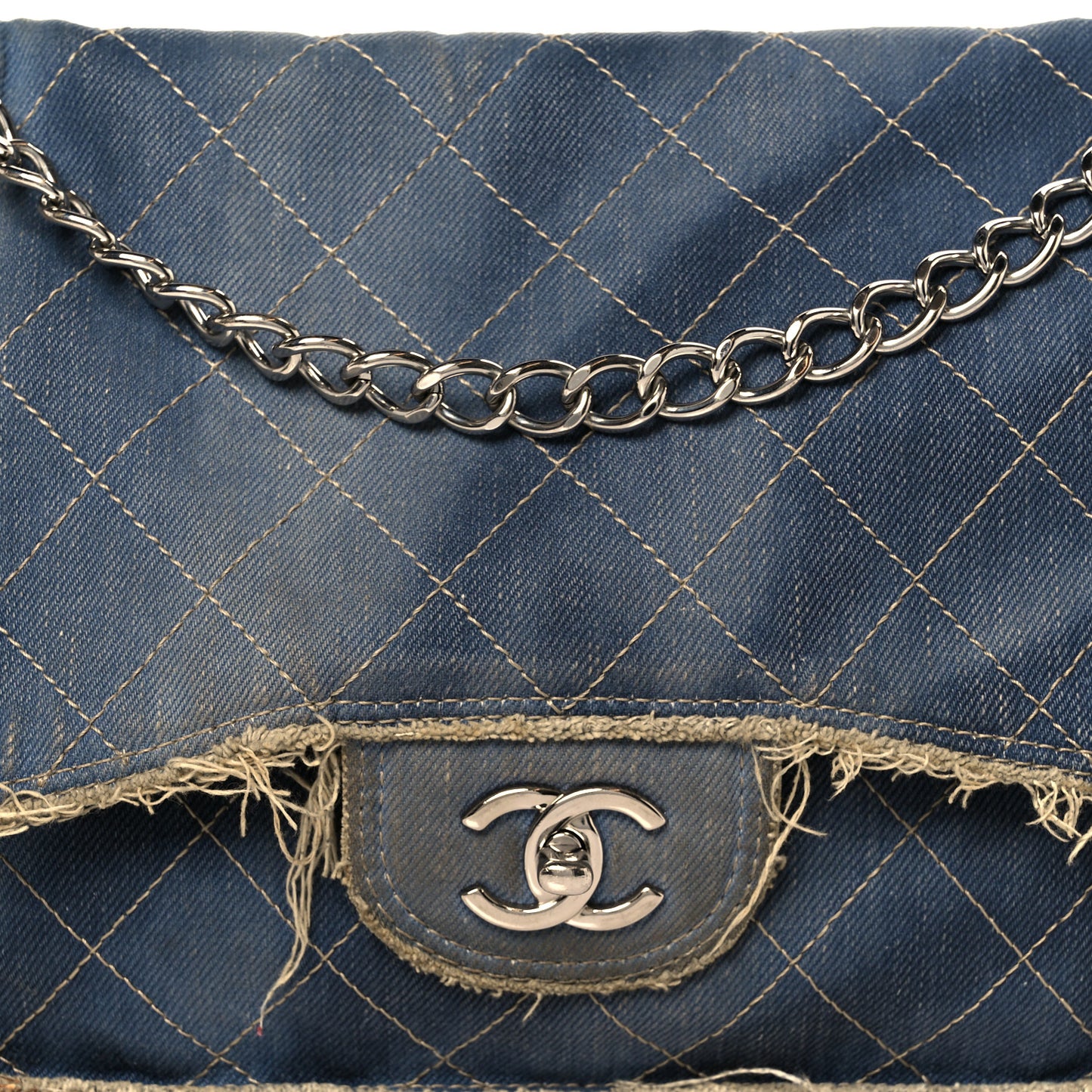 Denim Quilted Jumbo Pompom Flap Dark Blue