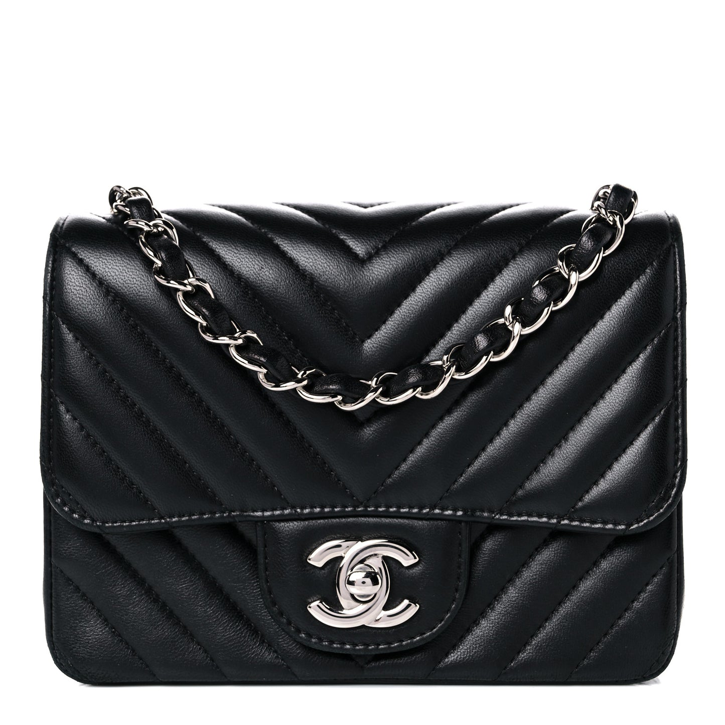 Lambskin Chevron Quilted Mini Square Flap Black