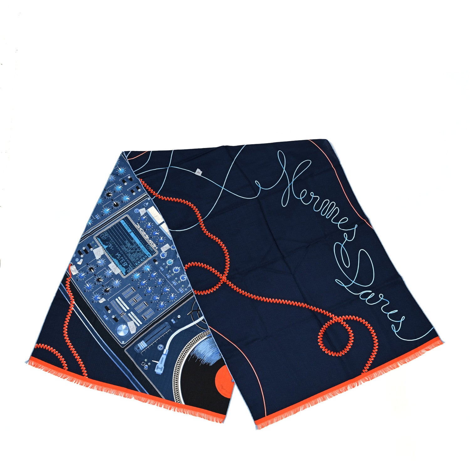 Hermes Cashmere Silk Last Night Rectangle Scarf Marine Orange Bleu 2 of 5