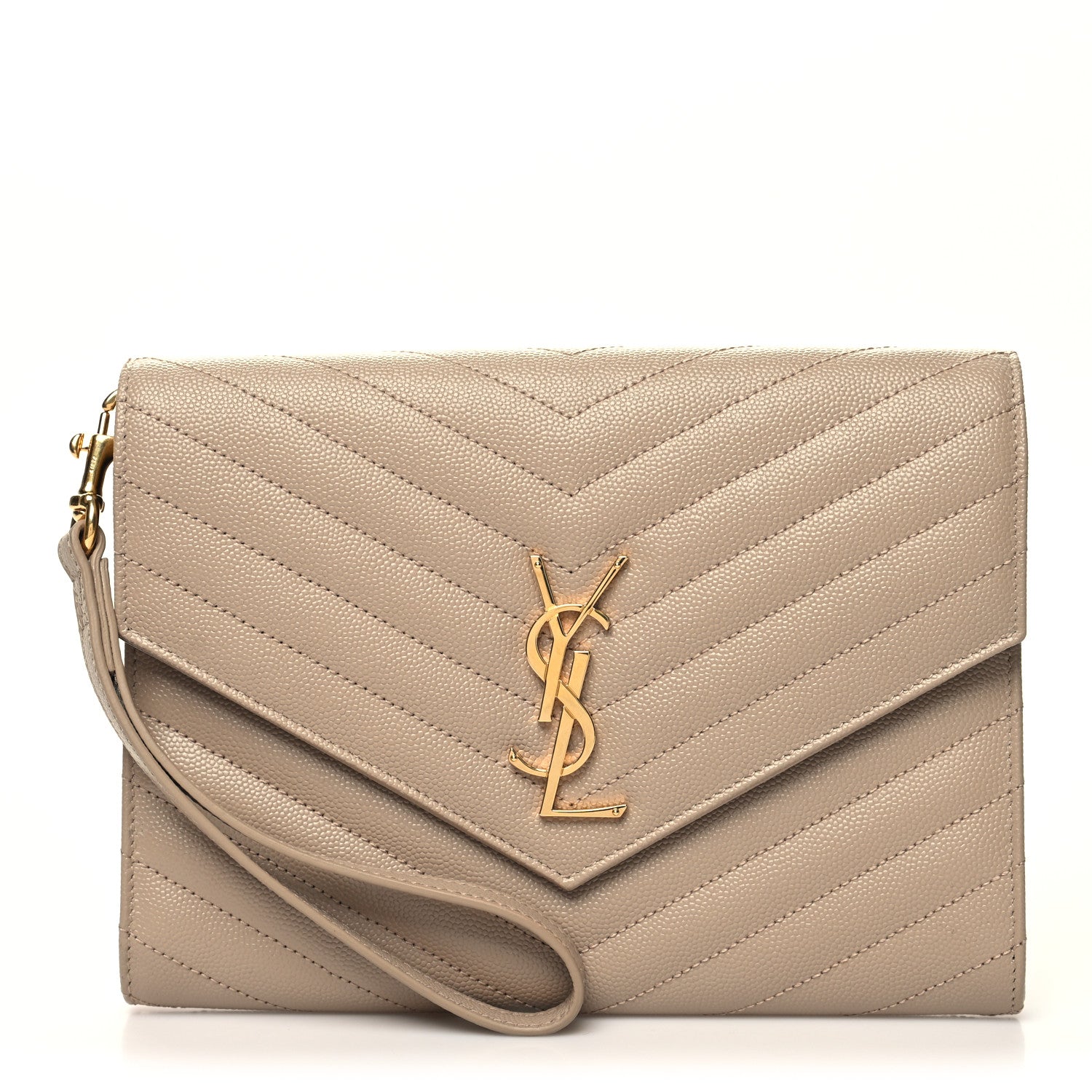 Saint Laurent Grain De Poudre Matelasse Chevron Monogram Envelope Clutch Dark Beige 1 of 10