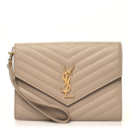 Saint Laurent Grain De Poudre Matelasse Chevron Monogram Envelope Clutch Dark Beige 1 of 10