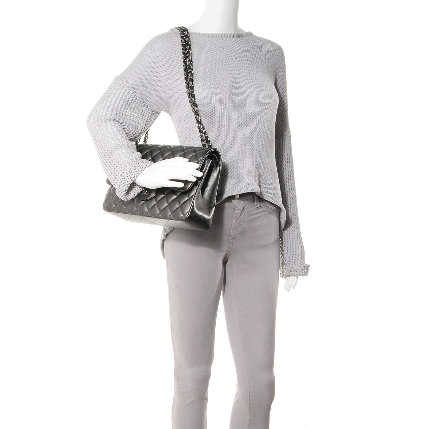 Lambskin Quilted Jumbo Double Flap Metallic Grey