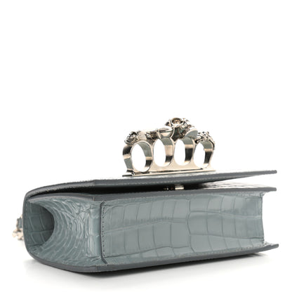 Alexander McQueen Shiny Crocodile Embossed Jeweled Satchel Blue Grey 3 of 11