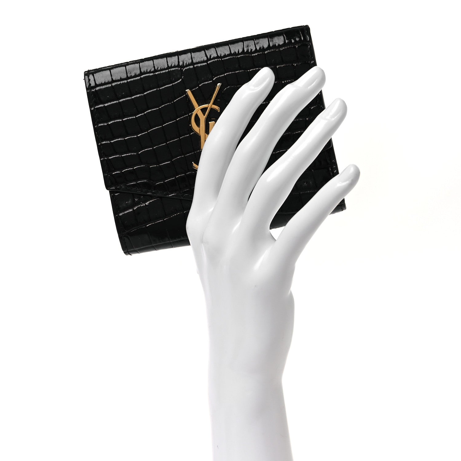 Saint Laurent Shiny Calfskin Crocodile Embossed Monogram Uptown Compact Wallet Black 2 of 10