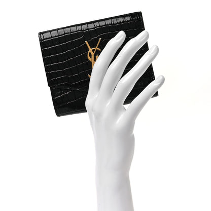Saint Laurent Shiny Calfskin Crocodile Embossed Monogram Uptown Compact Wallet Black 2 of 10