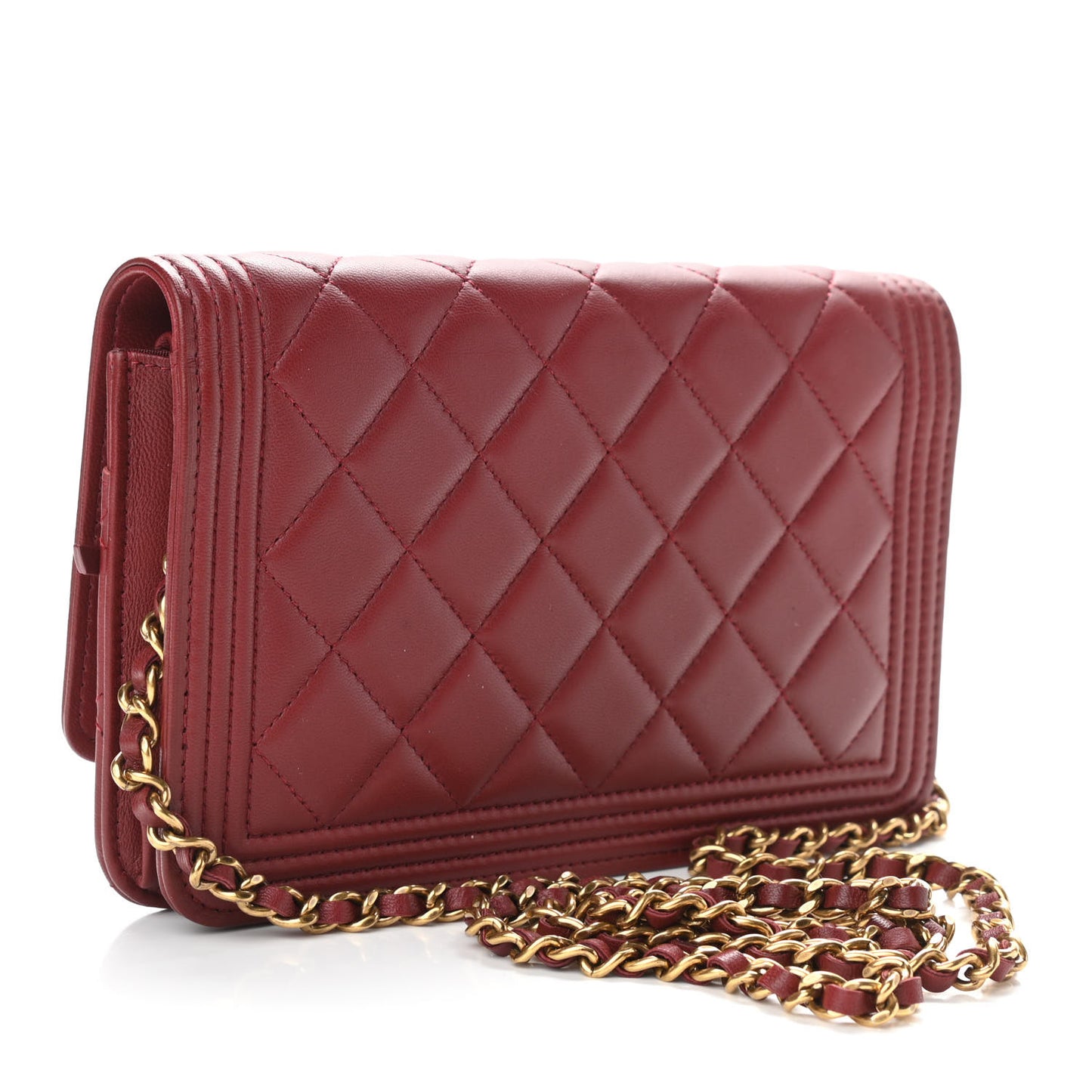 Lambskin Quilted Boy Wallet On Chain WOC Dark Red