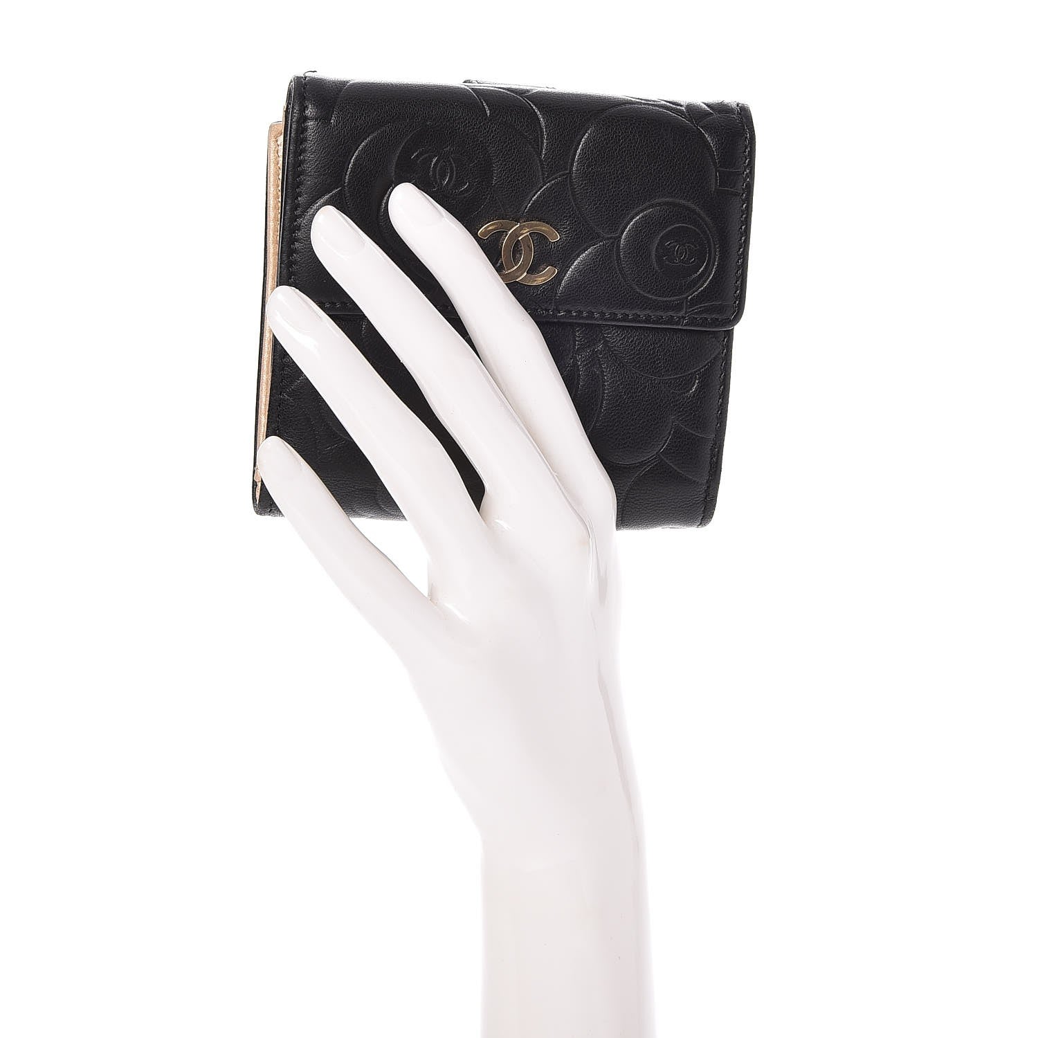 Chanel Lambskin Camellia Embossed Small Double Wallet Black 2 of 10