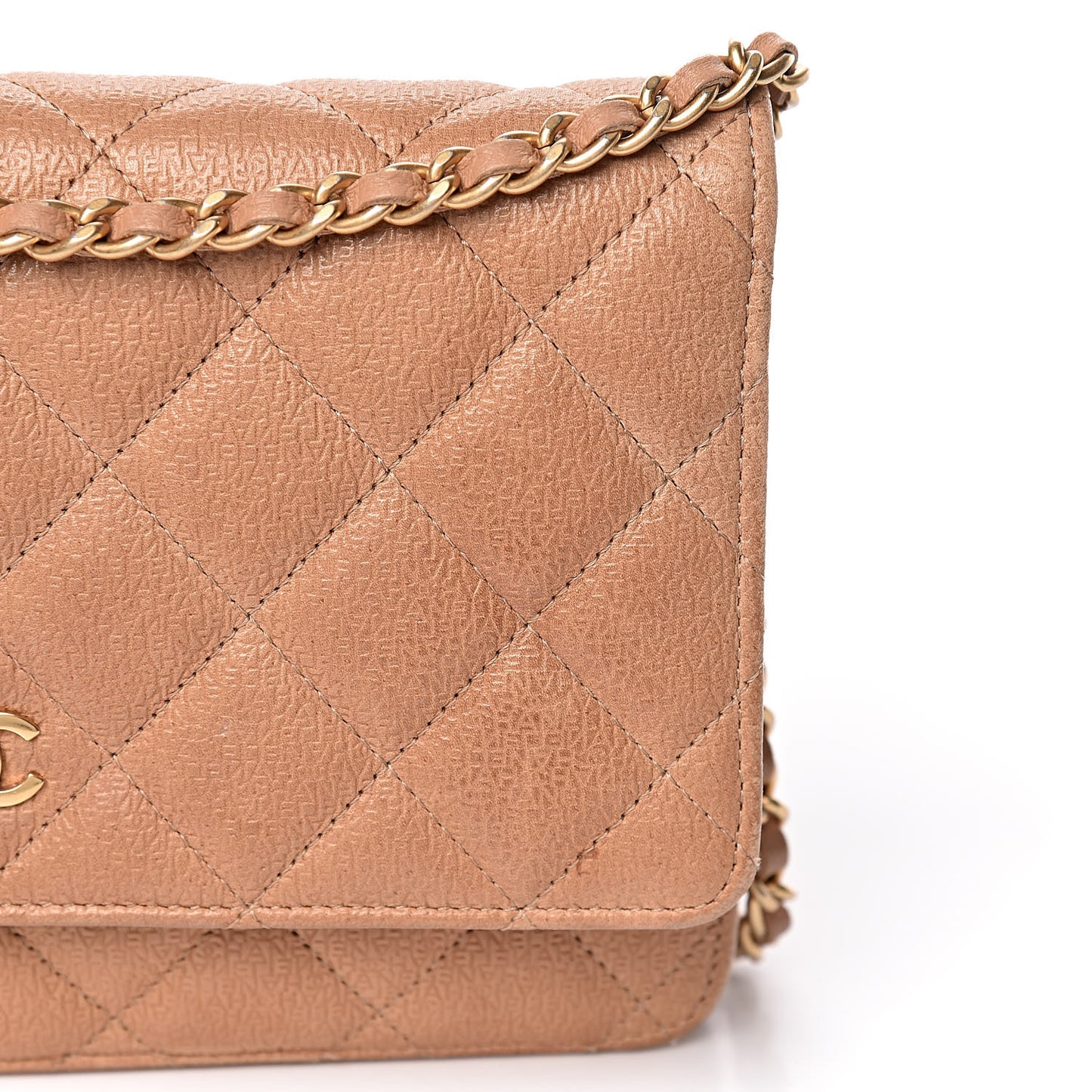 Letter Calfskin Embossed Quilted Wallet On Chain WOC Beige