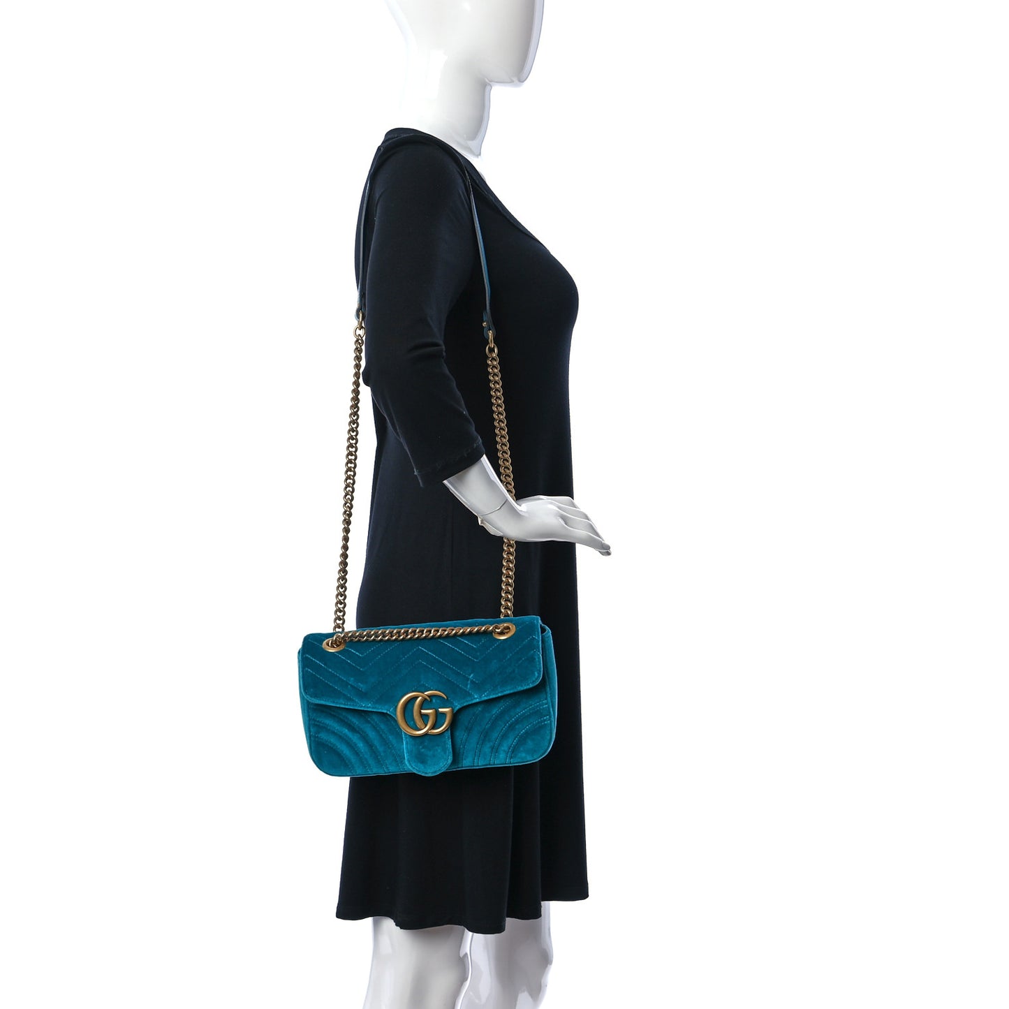 Velvet Matelasse Small GG Marmont Shoulder Bag Pavone Cyan