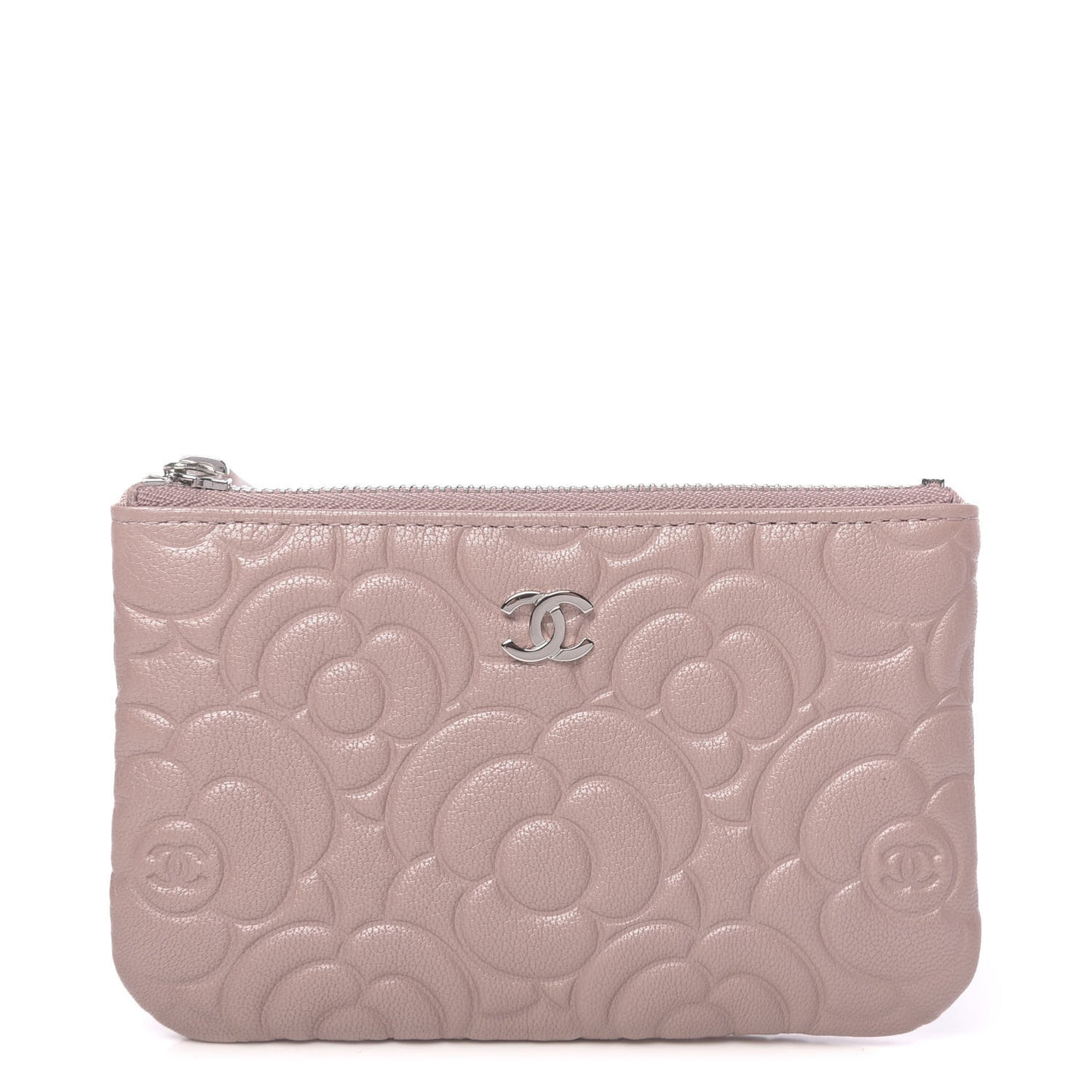 Goatskin Camellia Embossed Cosmetic Pouch Light Pink