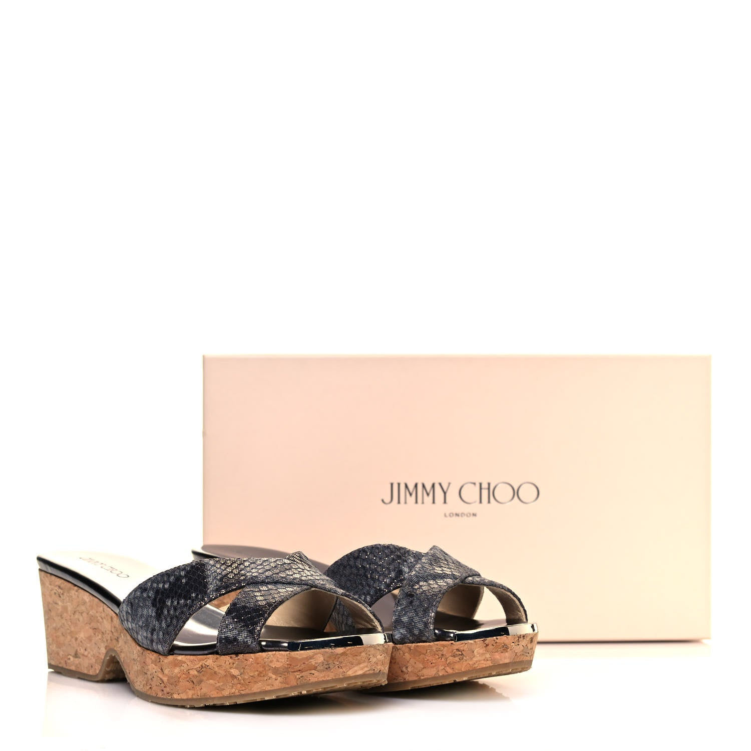 Jimmy Choo Metallic Snake Print Panna Cork Wedge Sandals 37 Anthracite 8 of 8