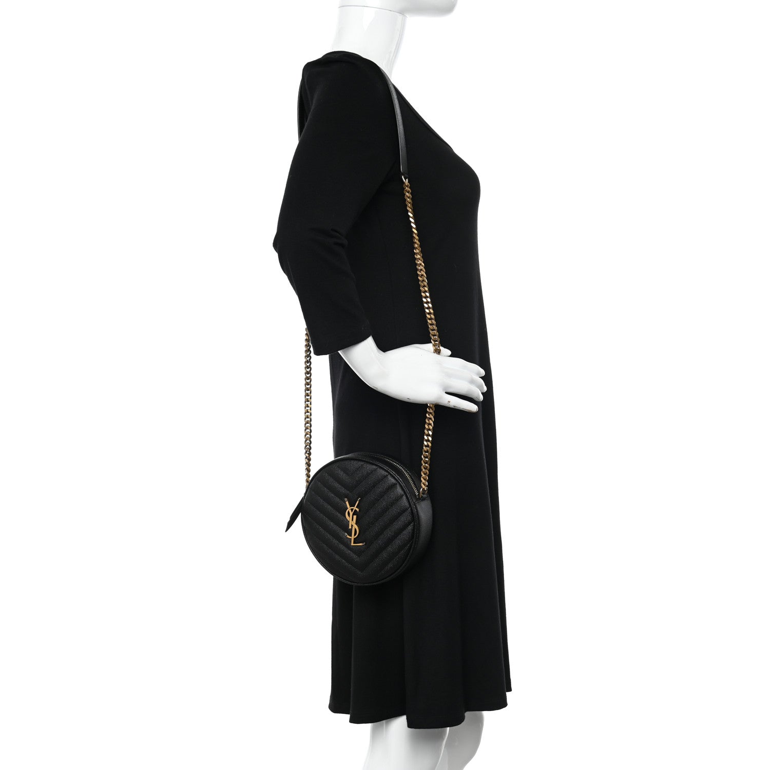 Saint Laurent Grain De Poudre Matelasse Chevron Quilted Round Vinyle Camera Bag Black 2 of 11