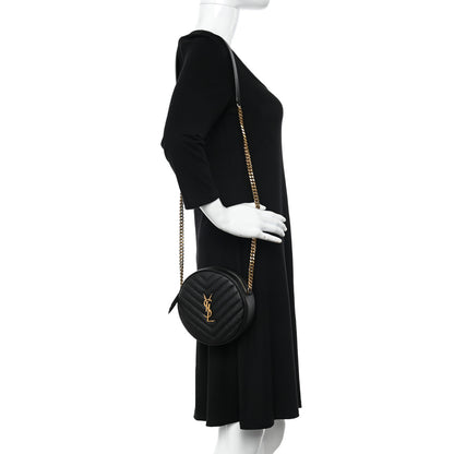 Saint Laurent Grain De Poudre Matelasse Chevron Quilted Round Vinyle Camera Bag Black 2 of 11
