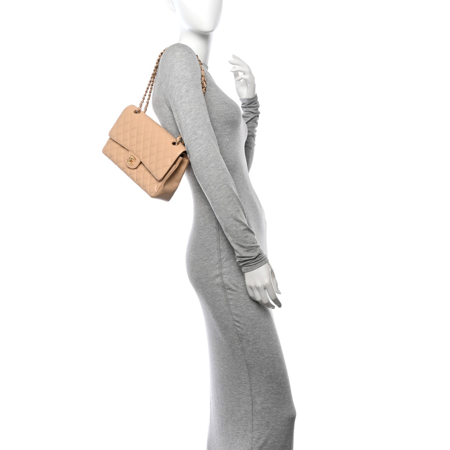 Caviar Quilted Medium Double Flap Beige
