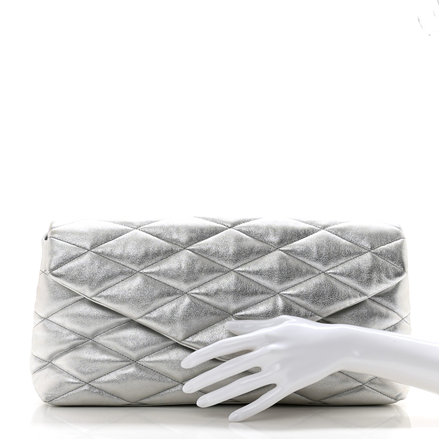 Metallic Lambskin Quilted Sade Puffer Envelope Clutch Argento