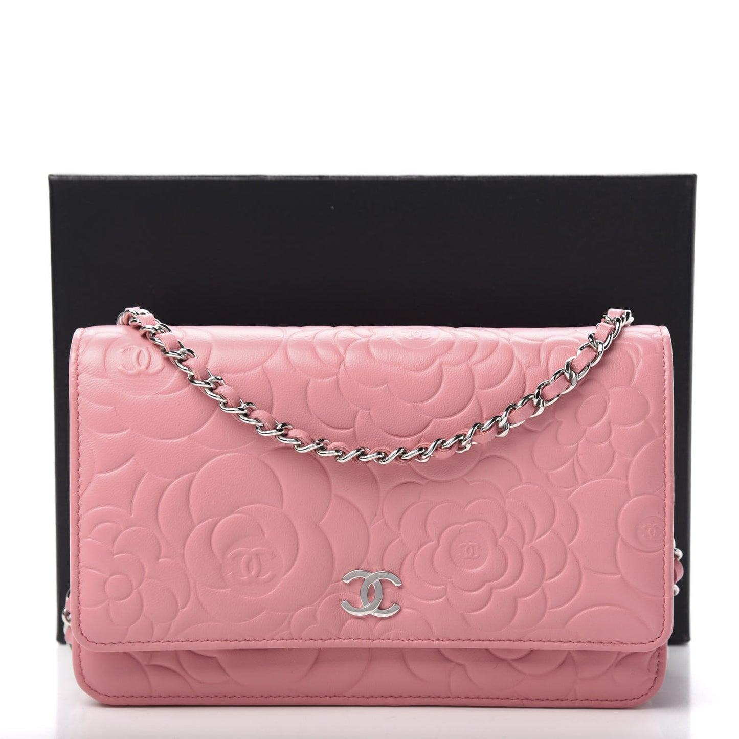 Lambskin Camellia Embossed Wallet On Chain WOC Pink