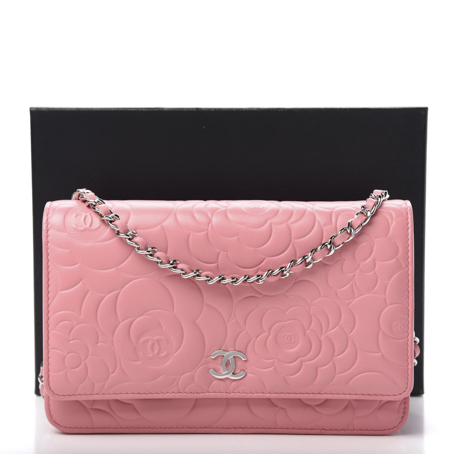 Chanel Lambskin Camellia Embossed Wallet On Chain WOC Pink 12 of 12